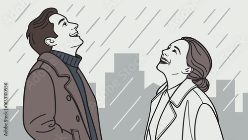 Happy couple enjoying rain in city illustration vector design for weather and romance concepts and designs