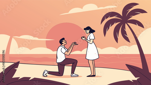 Romantic beach proposal vector illustration for wedding engagement and love celebration design 100