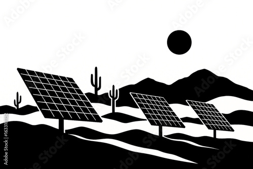 Solar Panel Arrays in Desert Landscape Silhouettes Vector Set