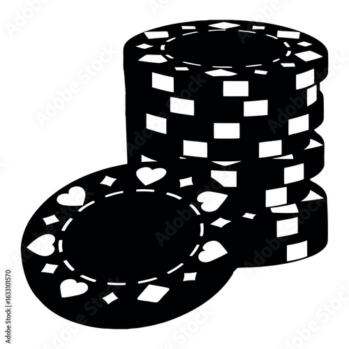 Black poker chip stack shows hearts and diamonds on a transparent background