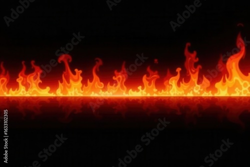 Fiery horizontal line, dramatic flames against black, black, bright, combustion