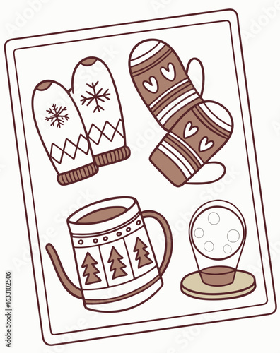 Hand-drawn sticker sheet with cozy holiday objects: mittens, socks, cocoa mug, snow globe
