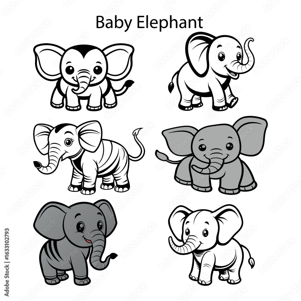 Obraz premium Collection of cartoon baby elephants features varied line styles and cute, friendly faces on transparent background