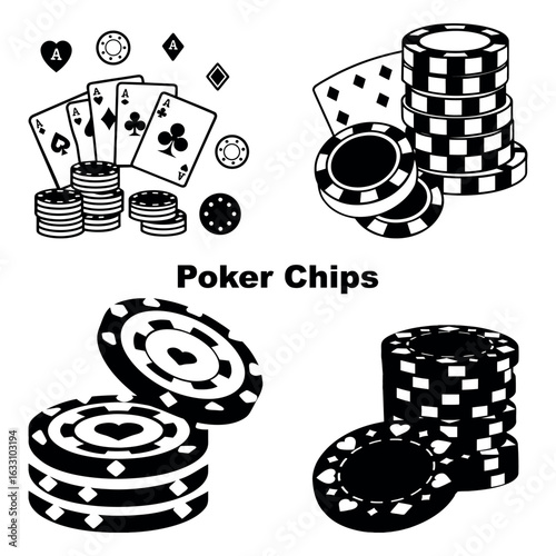 Four aces with various black poker chip stacks are isolated on white