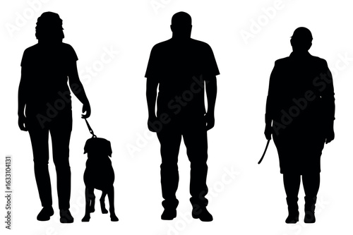 Silhouetted figures showing a woman walking her dog, a man standing, and a senior woman