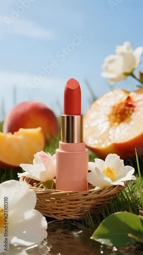 Coral Lipstick with Peaches and Blossoms in Sunlit Summer Setting
