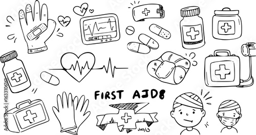 Hand-drawn collection of first aid essentials, medical supplies, healthcare tools, and common health concepts in a detailed doodle style, perfect for emergency and wellness themes.