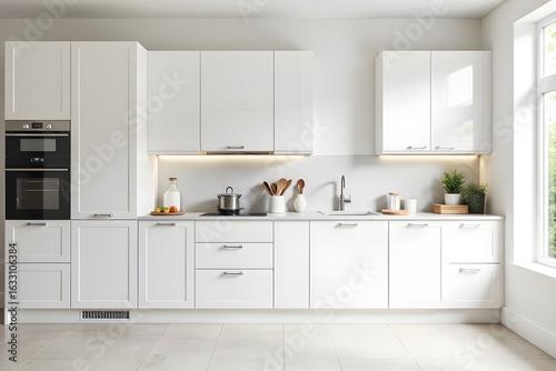 Front view of a modern white kitchen with many cabinets and all the necessary built-in appliances. Luxury room. 3d rendering.