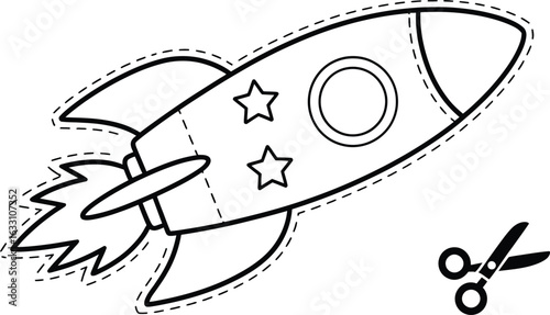 Rocket ship with flames and scissors spaceship space