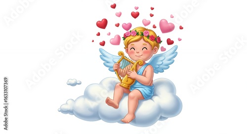 Cute child angel playing harp on cloud with hearts