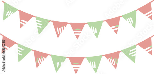 Two strings of colorful triangular bunting flags with a festive pattern