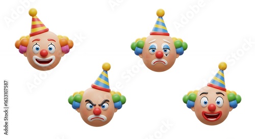 Four cartoon clown faces in different emotions