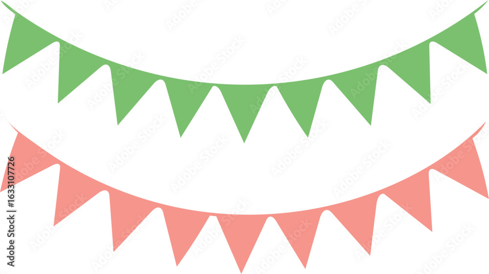 Obraz premium Two festive strings of green and coral triangular bunting flags