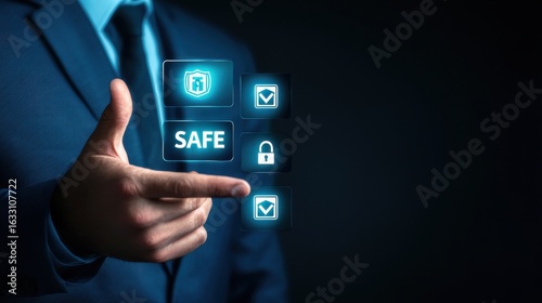 Wallpaper Mural A man in a suit showcasing digital security icons, emphasizing the importance of safe communication and data protection in a modern, tech-savvy environment. Torontodigital.ca