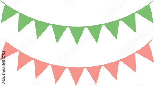 Two festive strings of green and coral triangular bunting flags