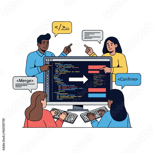 Collaborative Team of Programmers Merging Code.