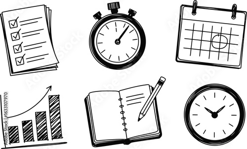 Business and productivity doodle icons with checklist and calendar