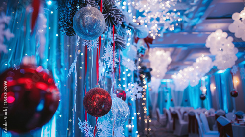Blue Christmas decoration shines with ornaments. Perfect for holiday themes, branding, and backgrounds.