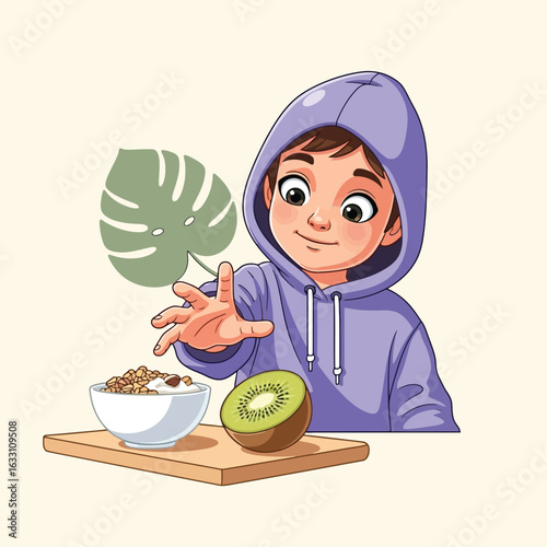 Cartoon Child Reaching for Cereal and Kiwi on Serving Board