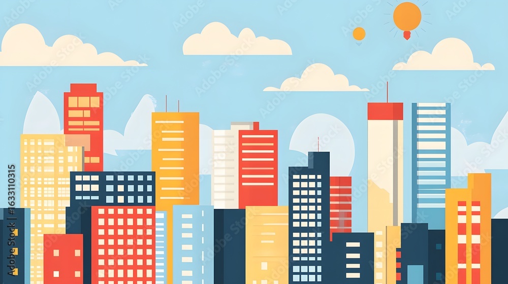 Obraz premium Colorful cityscape illustration with various buildings.