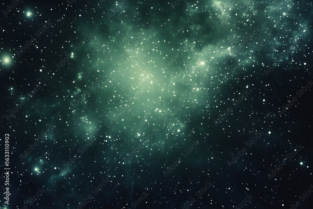 Obraz premium Starry sky background, green night sky full of stars, glowing stars in the dark space, starry background, dark night, stars in the distance, starlight, dark background with a green glow, night sky. 