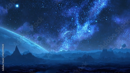 Abstract cosmic planetscape with blue particle nebulae, fantasy space panorama template for game concept art and sci-fi book covers.