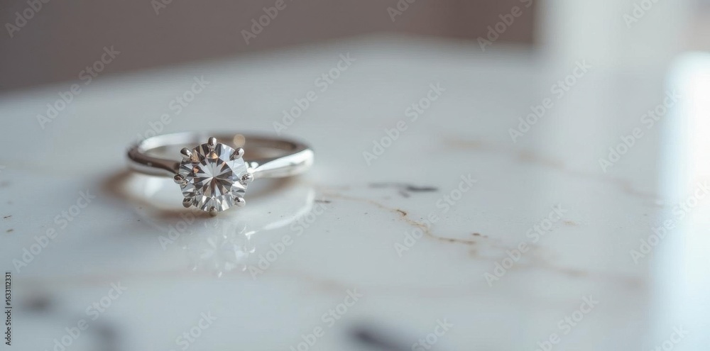 Fototapeta premium Single diamond engagement ring on polished marble background , smooth, fine jewelry, image