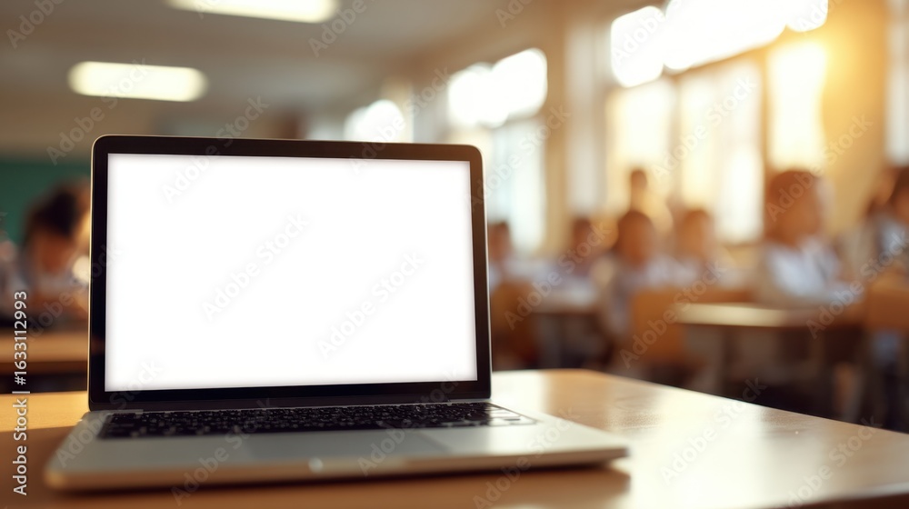 Fototapeta premium A laptop with a blank screen sits on a desk in a classroom setting, offering space for educational content or digital display.
