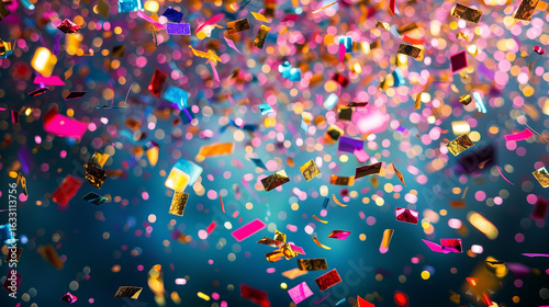 Colorful confetti glitter texture falls on a soft light bokeh background for party posters.