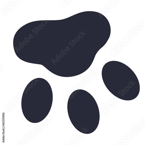 2d Black paw print with four rounded toes and central pad, flat vector icon on white background.

