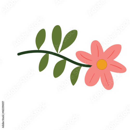 Fotografie 2d A pink flower blooming from a green leafy branch in flat vector style, playful and fresh
