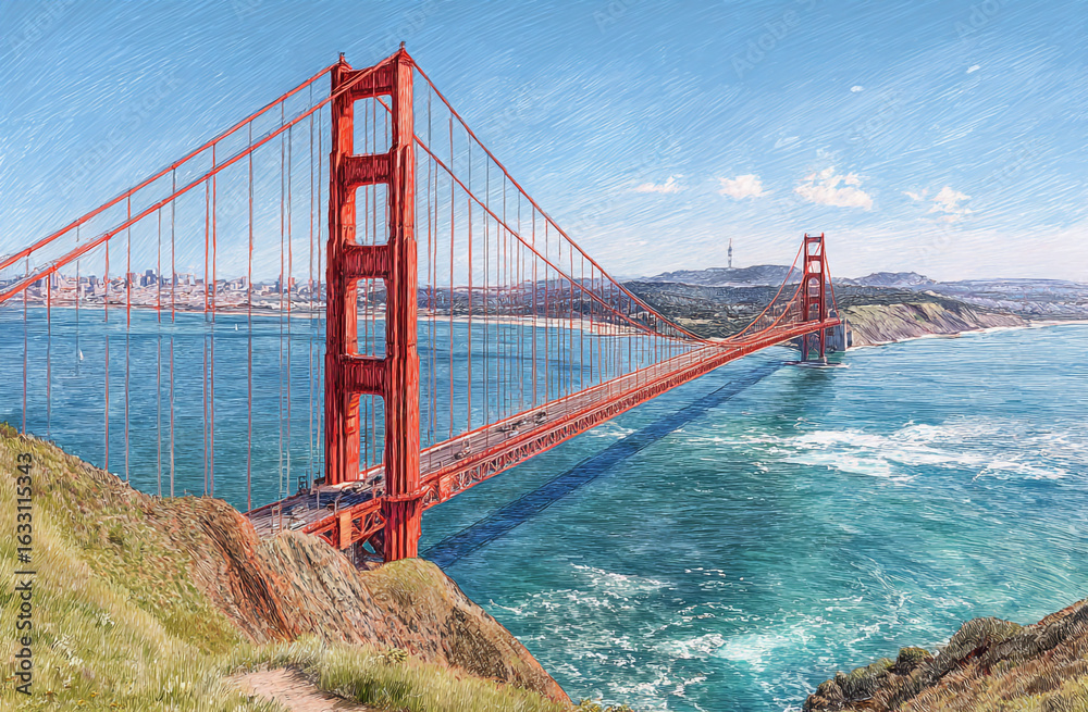 Fototapeta premium An old-style pencil drawing of the Golden Gate Bridge in San Francisco