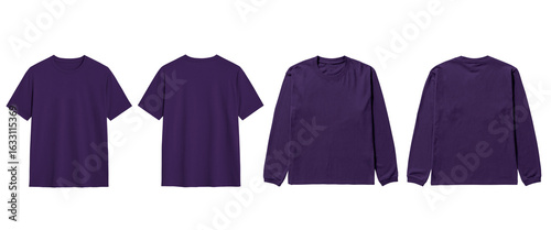 Mockup four purple tshirt perspectives showcasing various sleeve styles for your design.