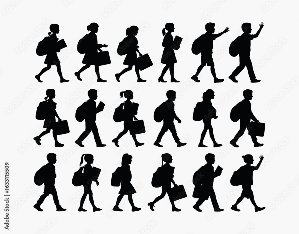 Fototapeta premium Books and Backpacks with School Children Silhouette EPS Vector Template Illustration