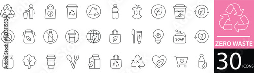  Minimal Zero Waste Line Icon Set 30 Clean Outline Symbols for Eco-Friendly, Sustainable, and Green Living Design