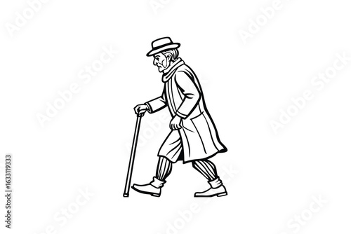 Vintage gentleman in a hat and overcoat walking with a cane depicted in a classic black and white silhouette style conveying a sense of timeless elegance and historical charm
