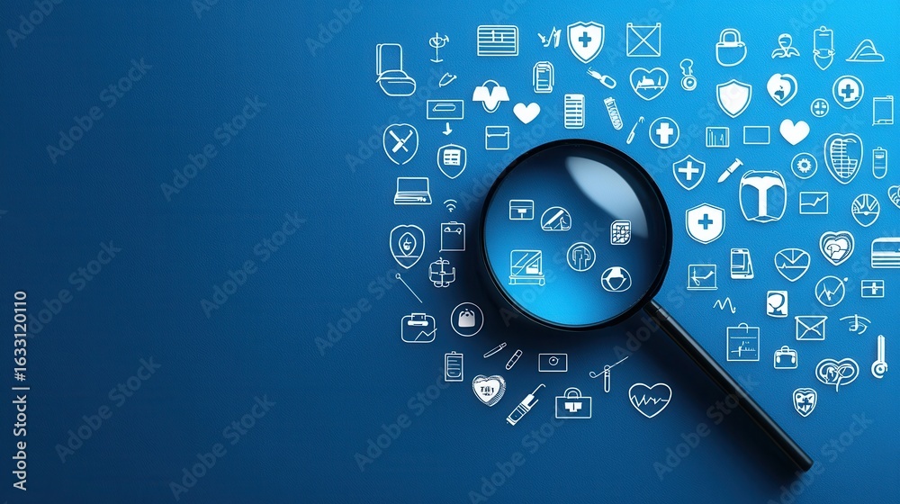 Fototapeta premium A magnifying glass on a blue background, highlighting health and technology icons. The image conveys research and exploration in healthcare innovation.