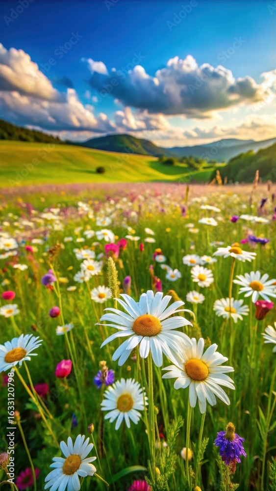 Obraz premium Beautiful chamomile flowers in a spring meadow surrounded by lush green grass and colorful wildflowers