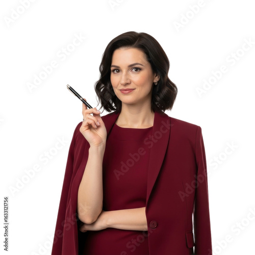 A confident businesswoman in a maroon suit holds a pen, smiling at the camera on a white background.