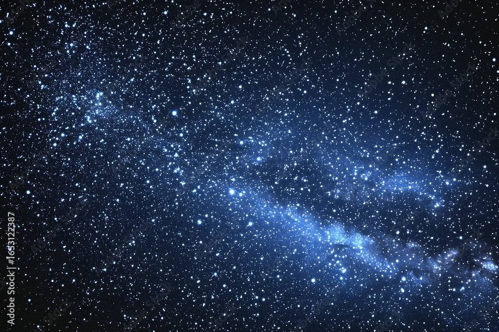 Fototapeta premium Starry sky background, blue night sky full of stars, glowing stars in the dark space, starry background, dark night, stars in the distance, starlight, dark background with a blue glow, night sky. 