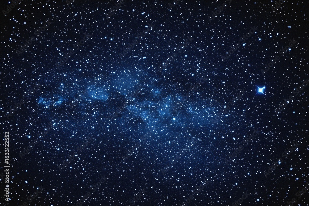 Obraz premium Starry sky background, blue night sky full of stars, glowing stars in the dark space, starry background, dark night, stars in the distance, starlight, dark background with a blue glow, night sky. 