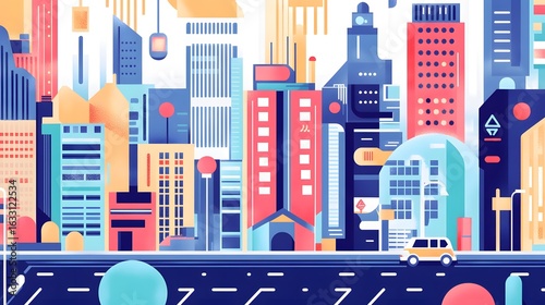Colorful cityscape illustration with futuristic buildings.