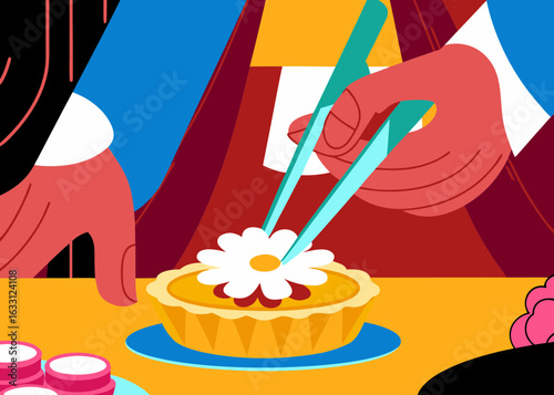 Close-up of tweezers delicately placing an edible flower on a tiny tart, showcasing vibrant colors and textures in dramatic lighting for culinary artistry