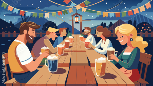 Close-up of diverse individuals enjoying large mugs of beer at a long wooden table in a vibrant evening beer garden, creating a lively social atmosphere