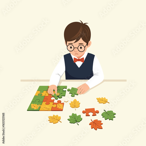 Boy Solving Leaf Themed Jigsaw Puzzle on Table with Focus