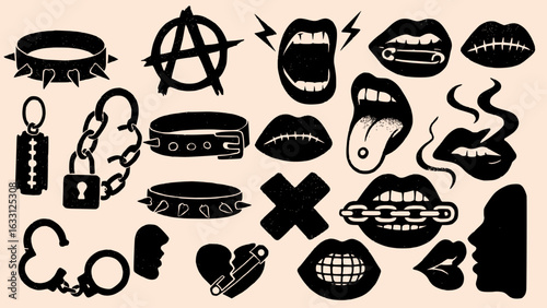 Black and white punk aesthetic icons set with grunge lips, chains, spikes, razor blade, stitches, chokers, anarchy symbol, rebellion symbols, edgy tattoo vector illustrations