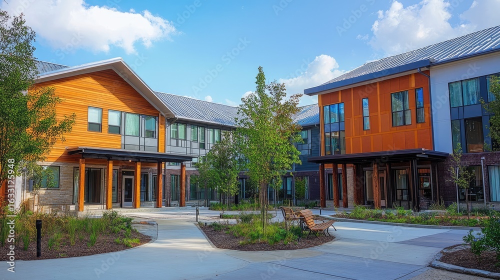 Obraz premium Modern Senior Living Complex: Tranquil Courtyard and Luxurious Residences