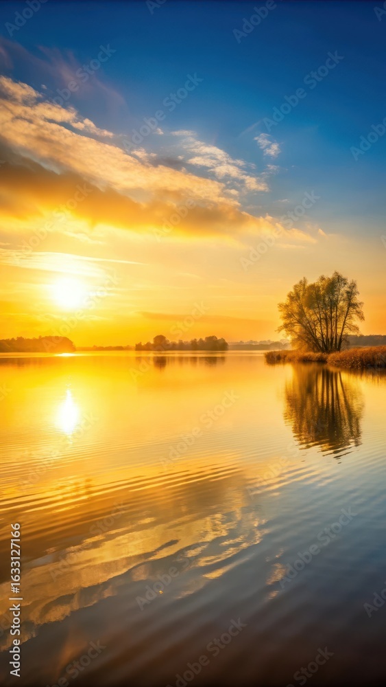Obraz premium Soft golden light spreads across a peaceful lake at sunrise