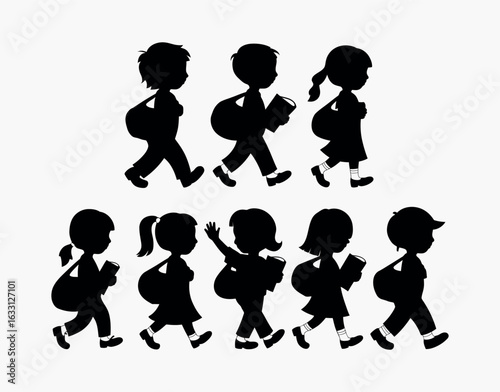 Kids Holding Educational Books and Bags Silhouette Collection EPS Vector Template