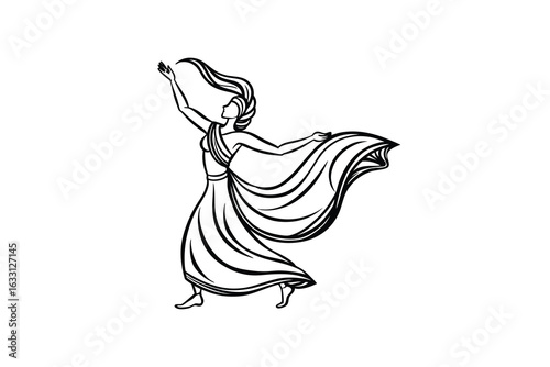 Elegant hand drawn sketch of a woman in a flowing gown with a veil or scarf gracefully blowing in the wind captured in a dynamic silhouette